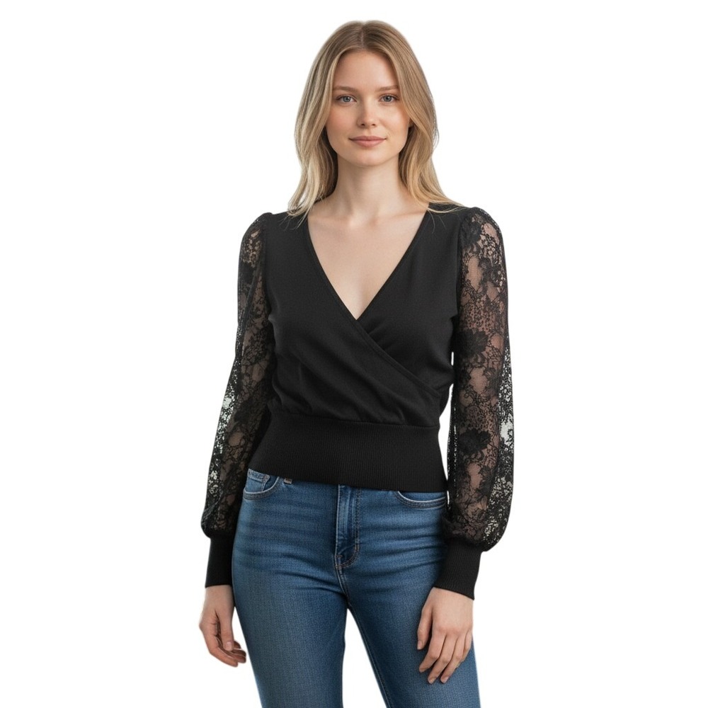 Madden Girl Black Lace Sleeve Wrap V-Neck Sweater Top RAH3700MC Small NWT